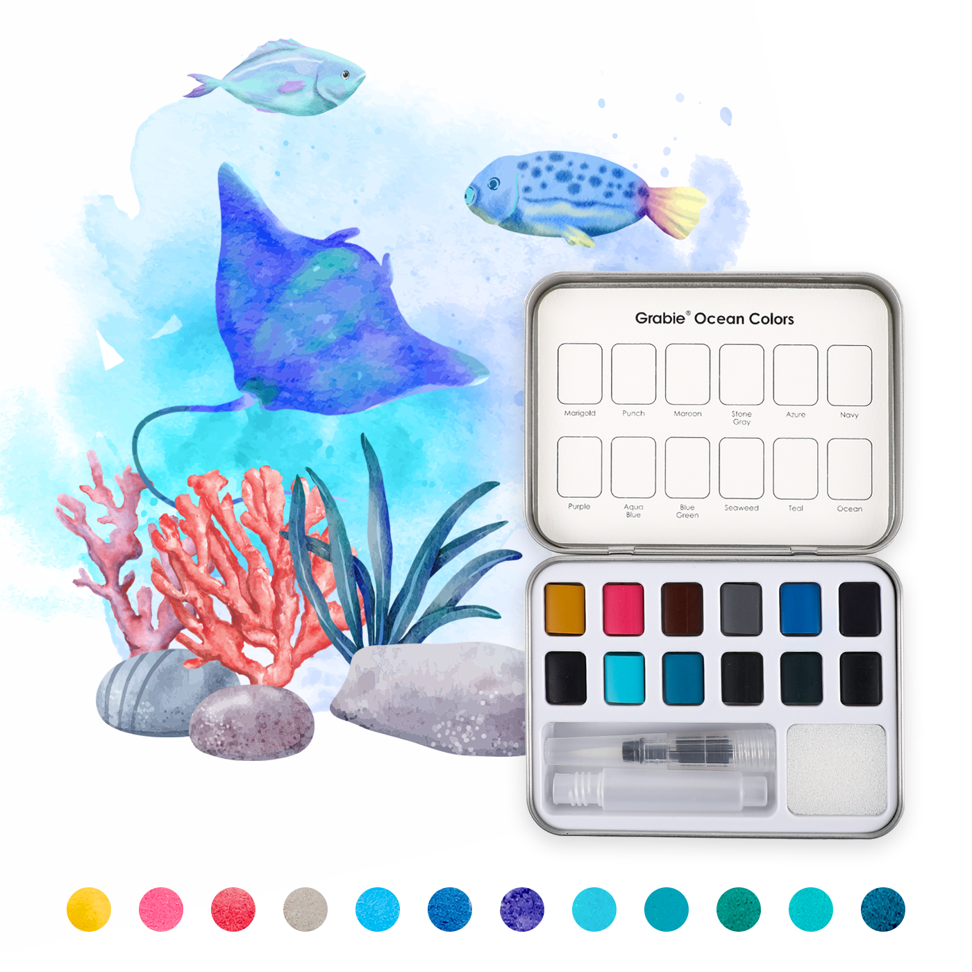 Grabie - Watercolor Pocket Set Of 12 With Brush - Ocean Colors
