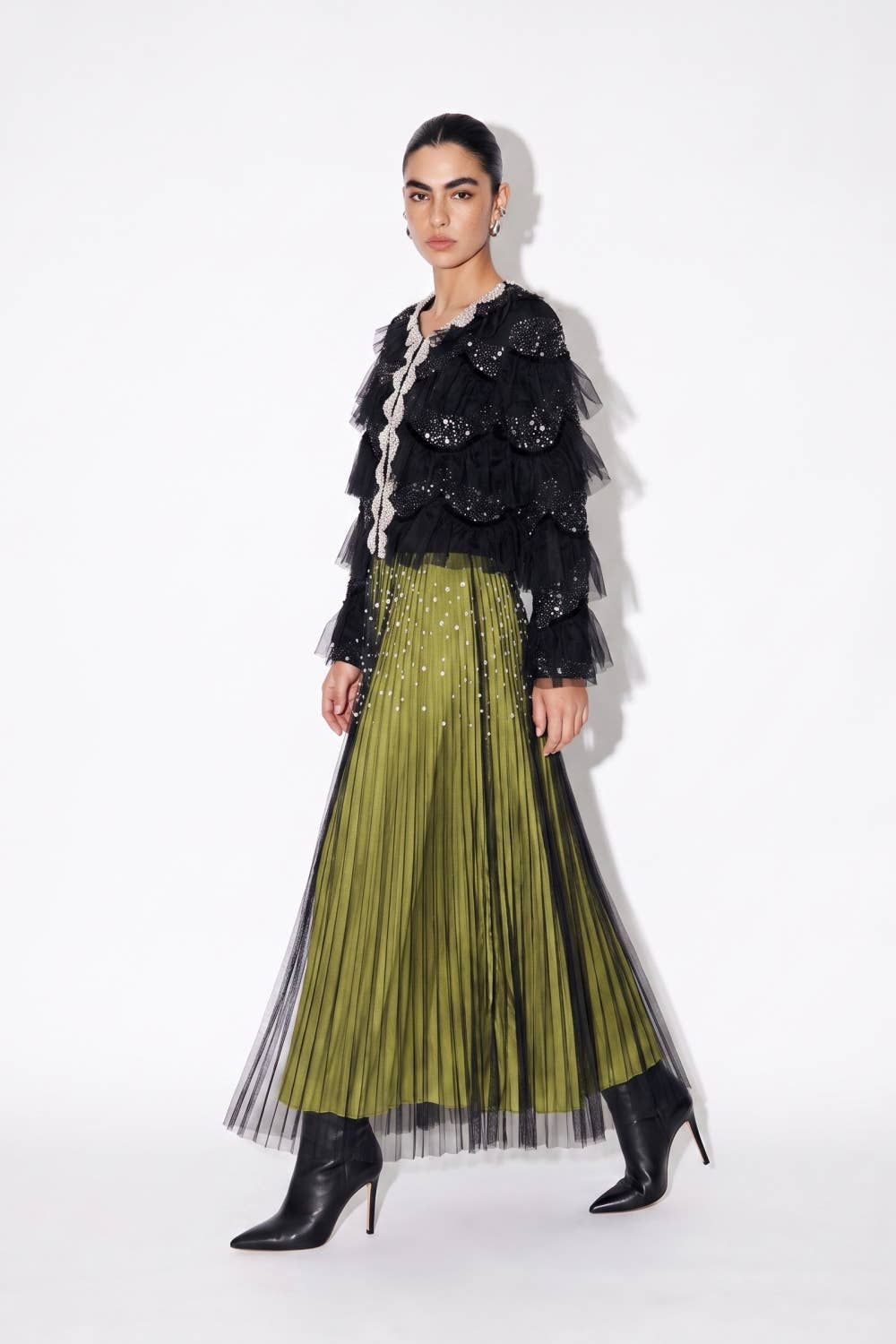 Beulah Style - Embellished Tiered Ruffle Mesh Jacket