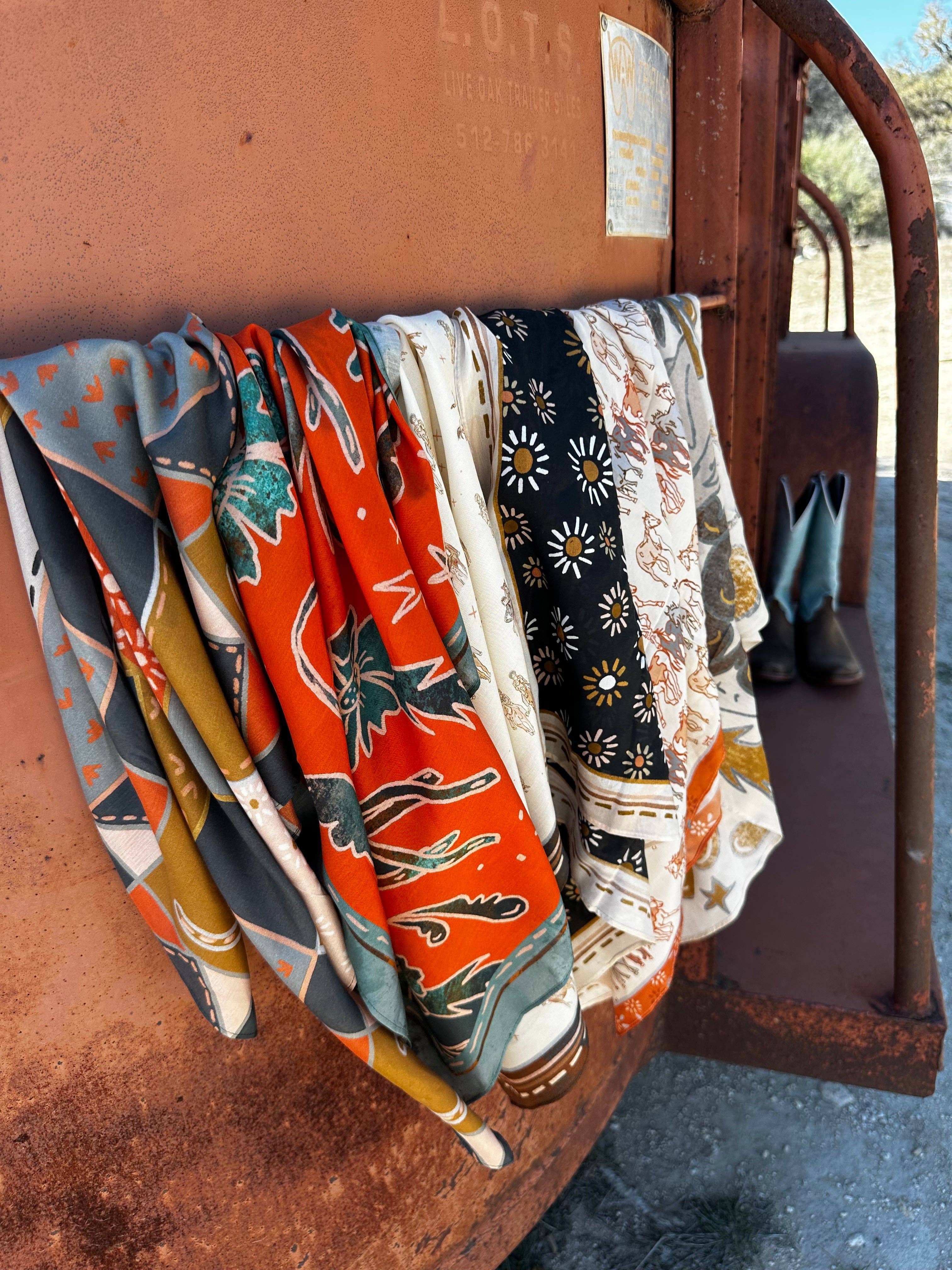 Tirzah Lane Art - Frontier Bound Patchwork in Rust Western Silk Wild Rag Scarf