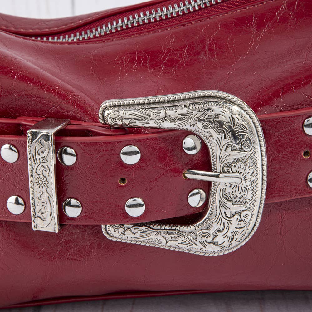 Collections by Fame Accessories - Studded Western Buckle Vegan Leather Shoulder Bag