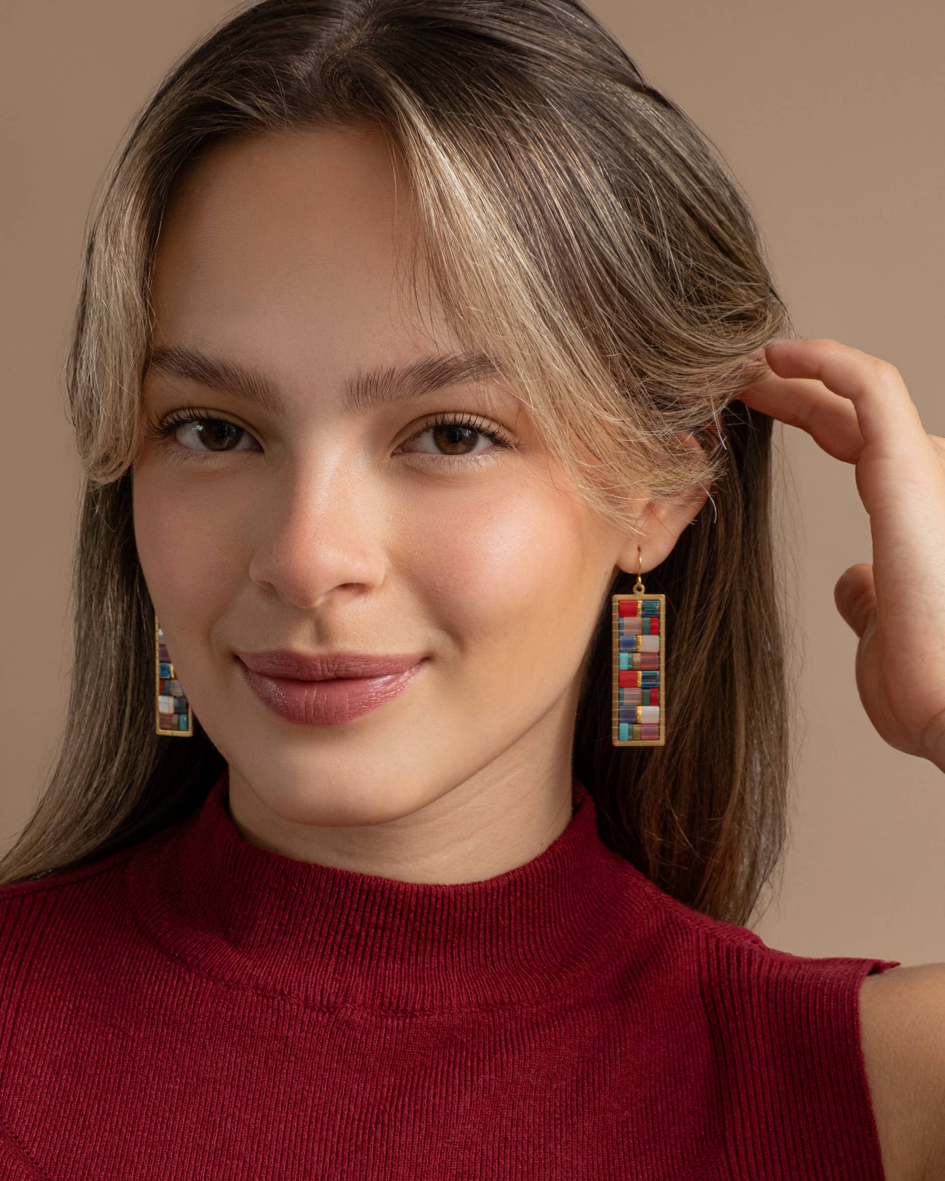 Mayana Designs Co - Beaded Handwoven Mosaic Tila and Brass Earrings (Aqua/Red)