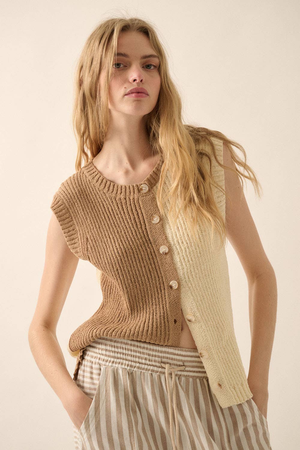 Colorblock Knit Button-Front Sweater Vest