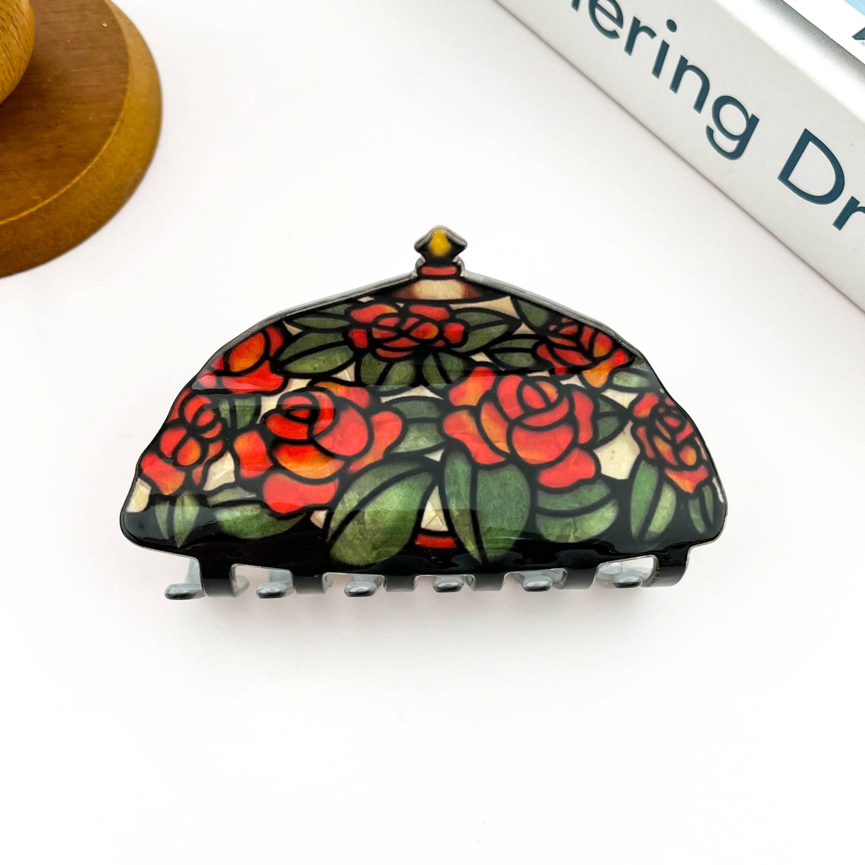 SoapElenGlen - Vintage Floral Stained Glass Lamp Shade Acrylic Hair Claw