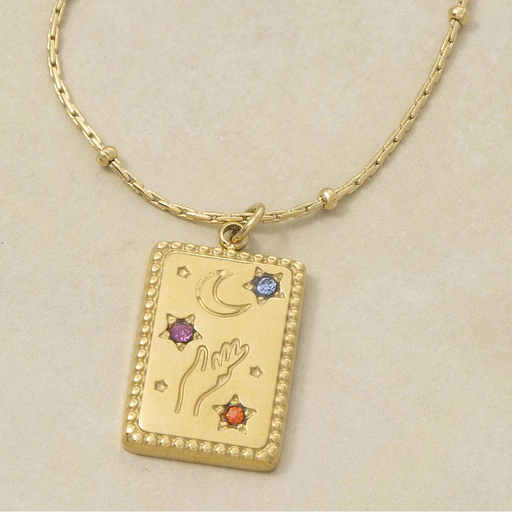 Fame Accessories - Stainless Steel Celestial Hand Moon Tag Necklace