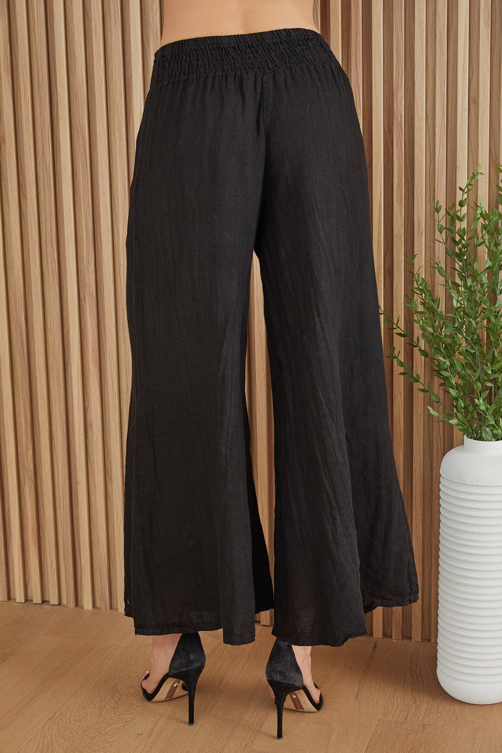 MILIO MILANO - LINEN SMOCKED WAIST PALAZZO PANT(23.2275-BLACK)