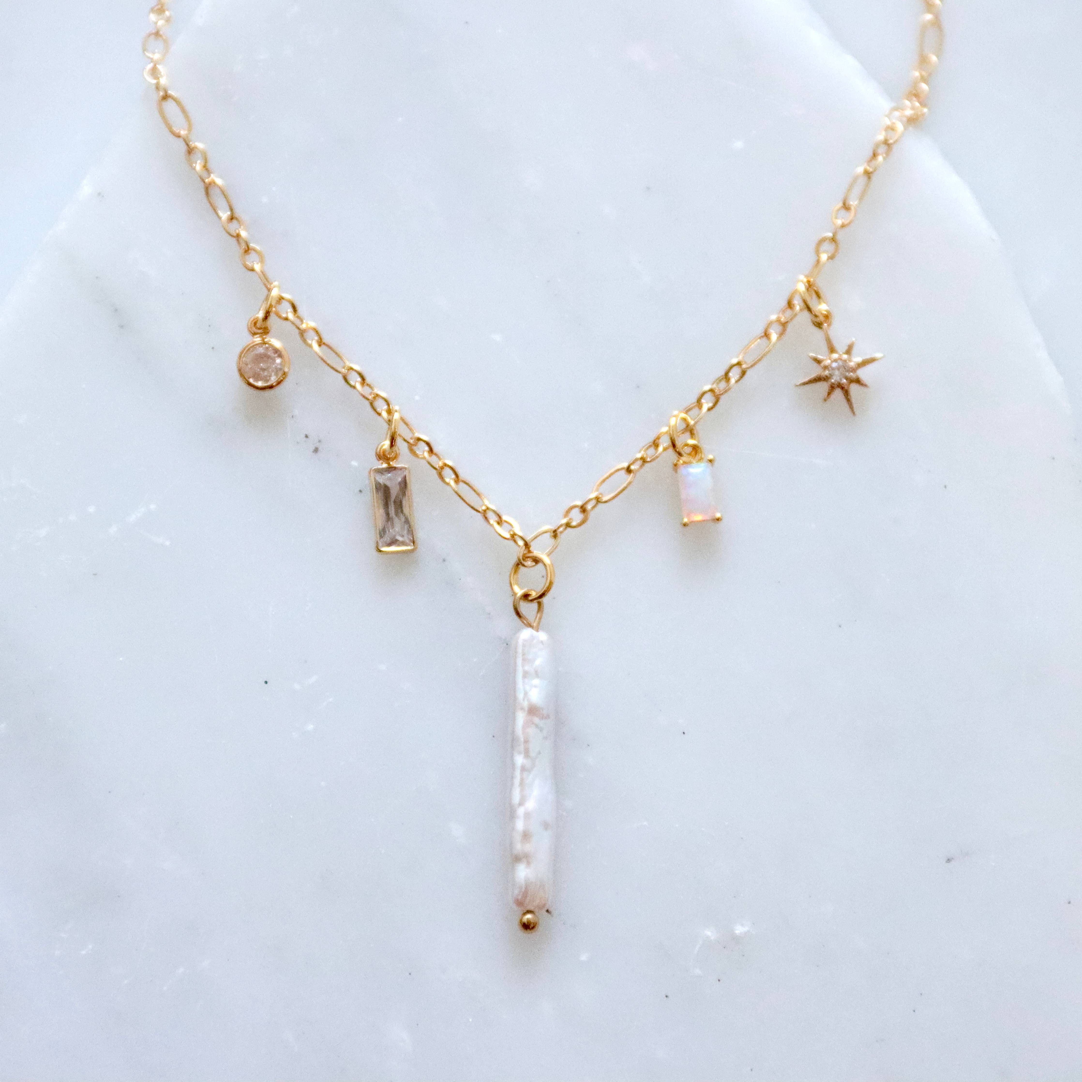 Mesa Blue - Pearl, Opal, CZ Charm Necklace 