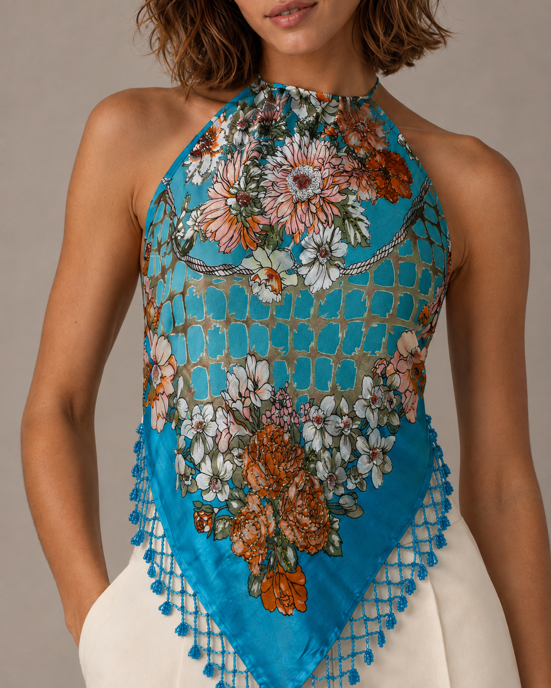 Aris A - Silk Beaded Floral Halter Top with Fringe