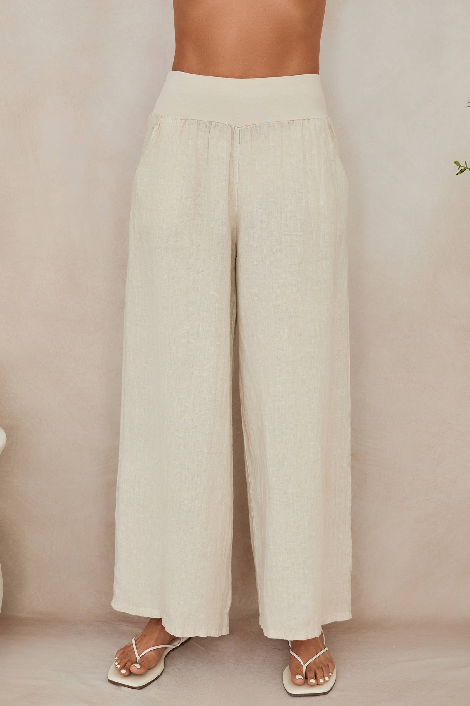 MILIO MILANO - WAISTBAND WIDE LEG LINEN PANTS WITH POCKET