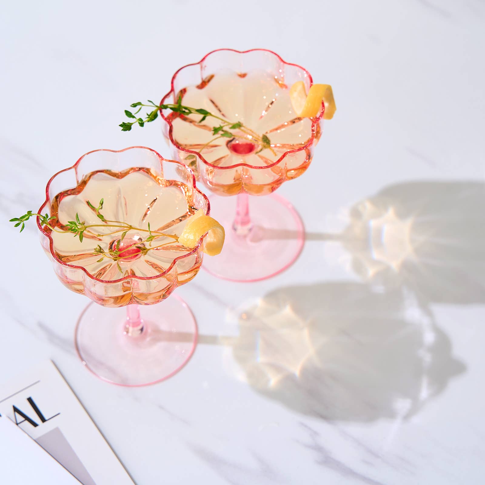 The Wine Savant /  Khen Glassware - Flower Wavy Petals Wave Glass Coupes 7oz - Set of 2 (Pink)