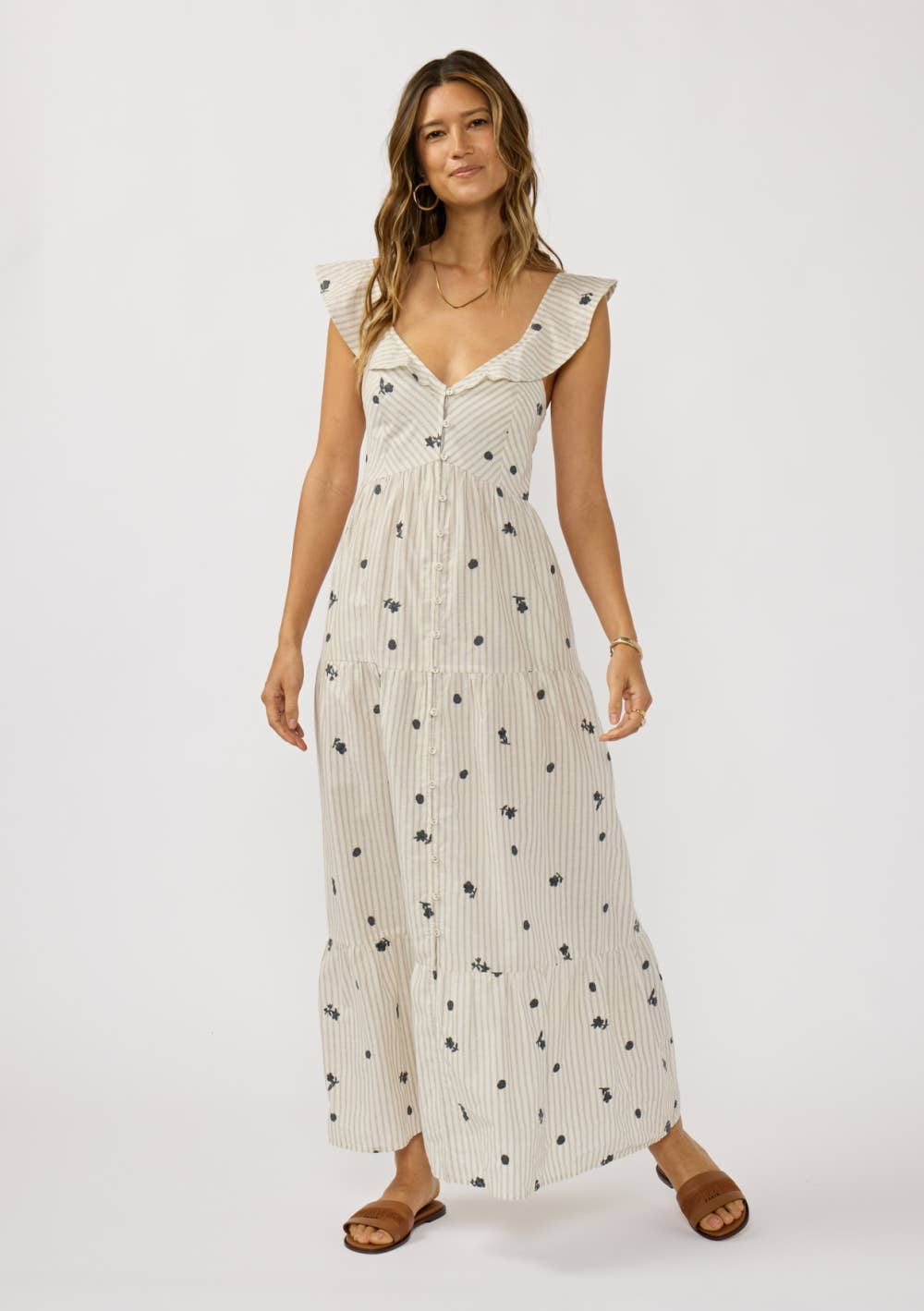 Lovestitch - Embroidered Stripe Button Down Tiered Maxi Dress