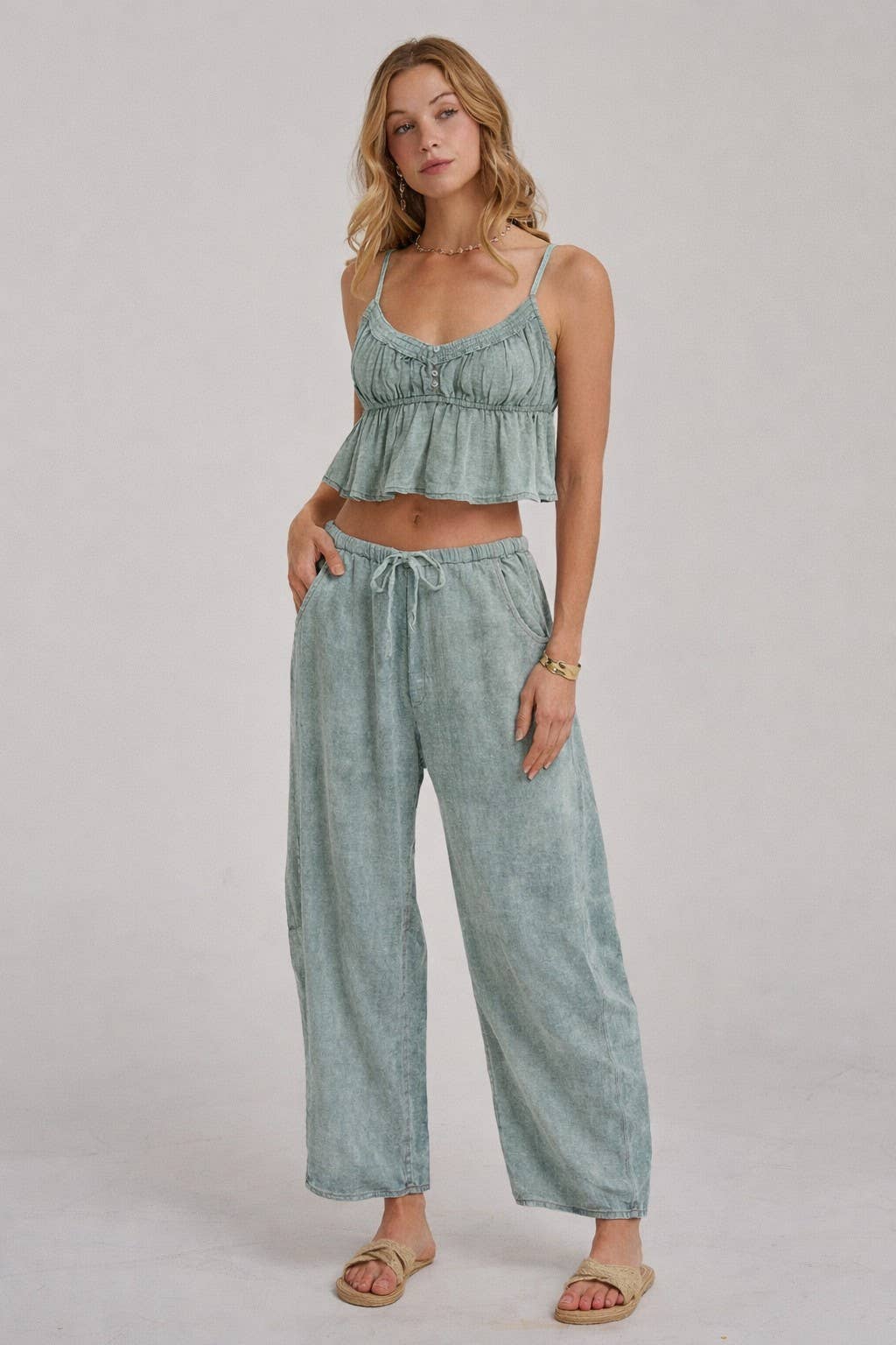 BON - MINERAL WASHED GAUZE CAMI TOP AND BARREL PANTS CASUAL SET