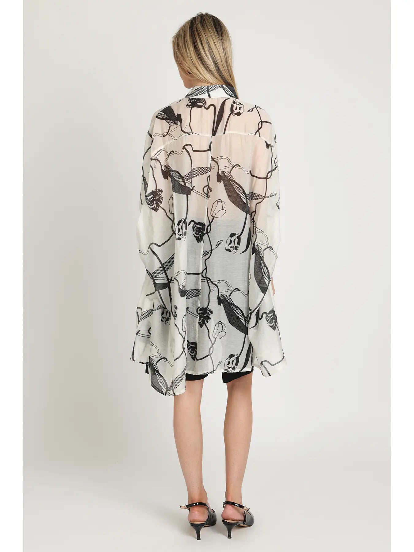 Abstract Print Sheer Hi-Low Button Down Tunic