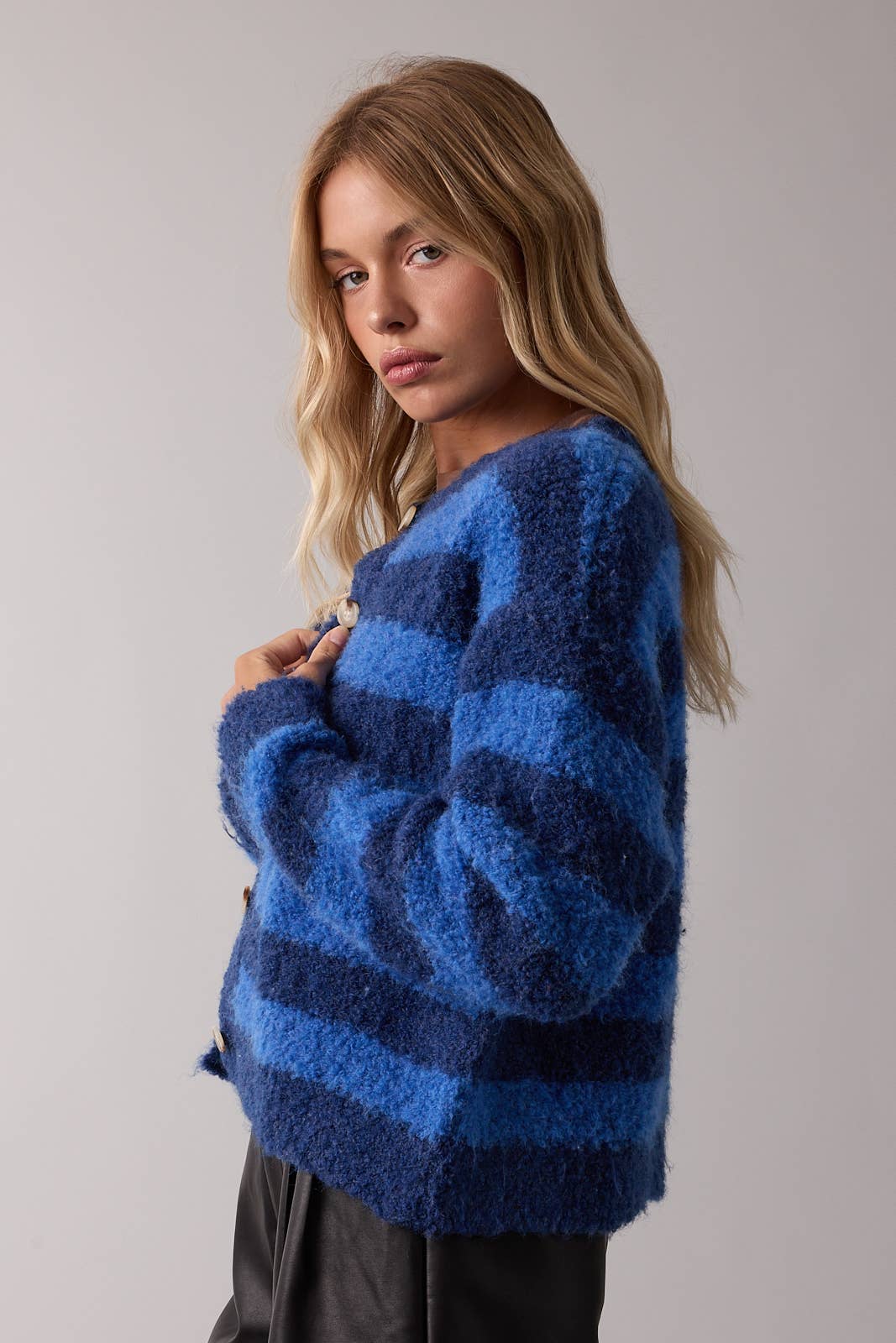 BRUSHED STRIPED BUTTON-UP CARDIGAN