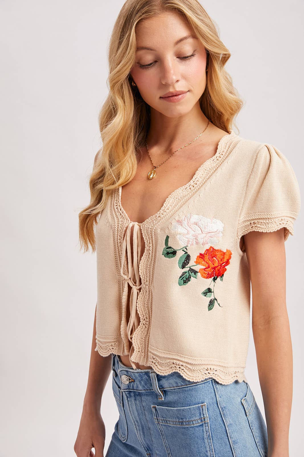 Bluivy - EMBROIDERED CAP SLEEVE OPEN FRONT SELF-TIE KNIT TOP - EASTER