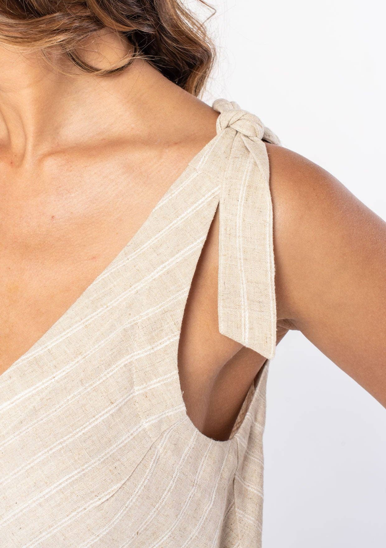 Lovestitch - Linen Blend Striped Tie Shoulder Tank Top