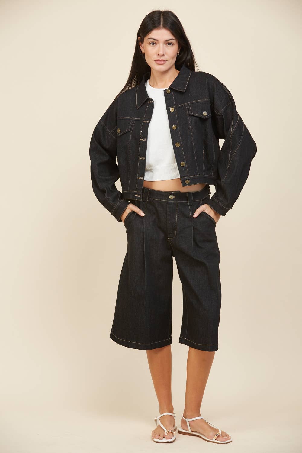 Edit by Nine - High Waisted Pleated Wide Leg Bermuda Short