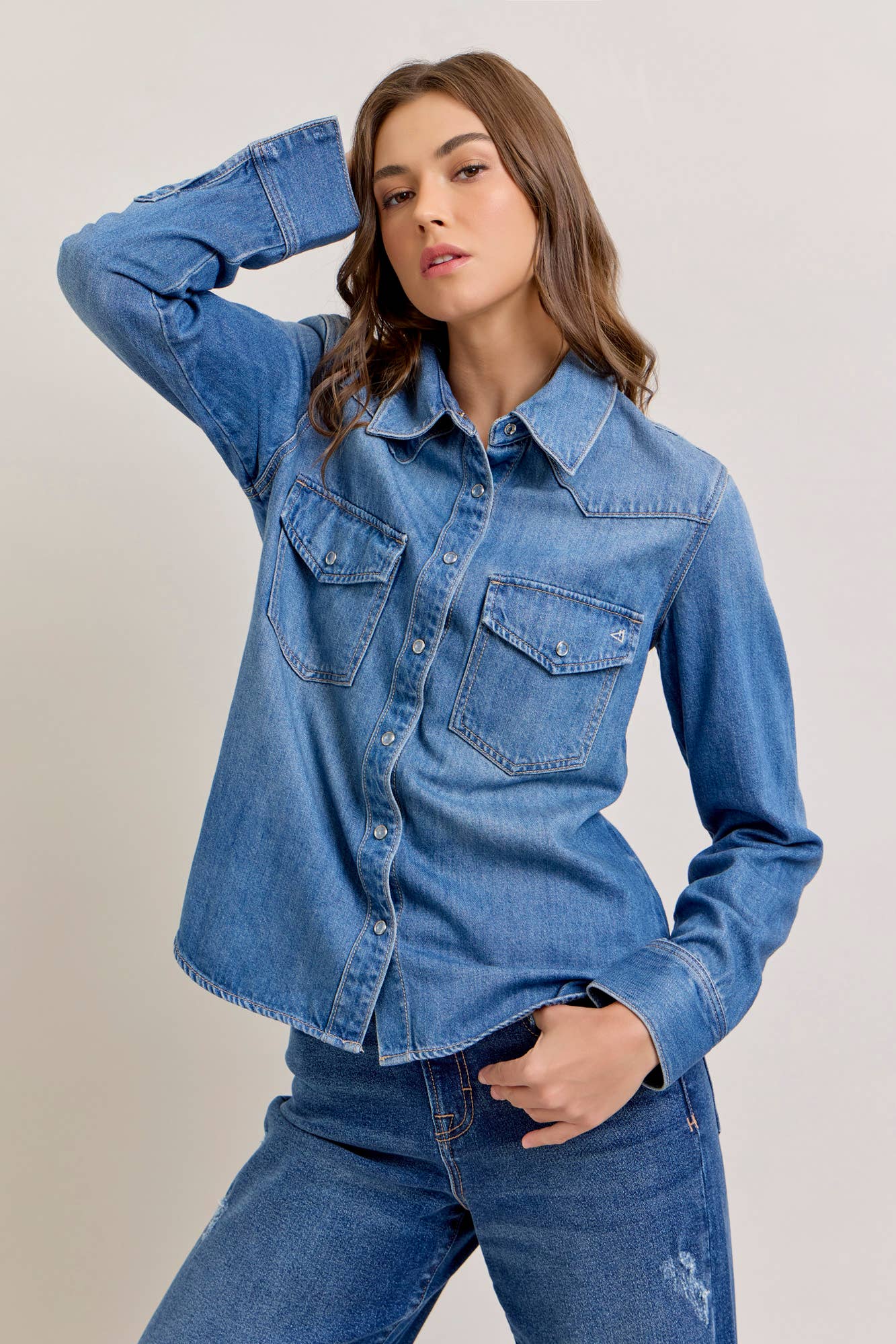 Medium Wash Basic Western Shirt [ABBY]