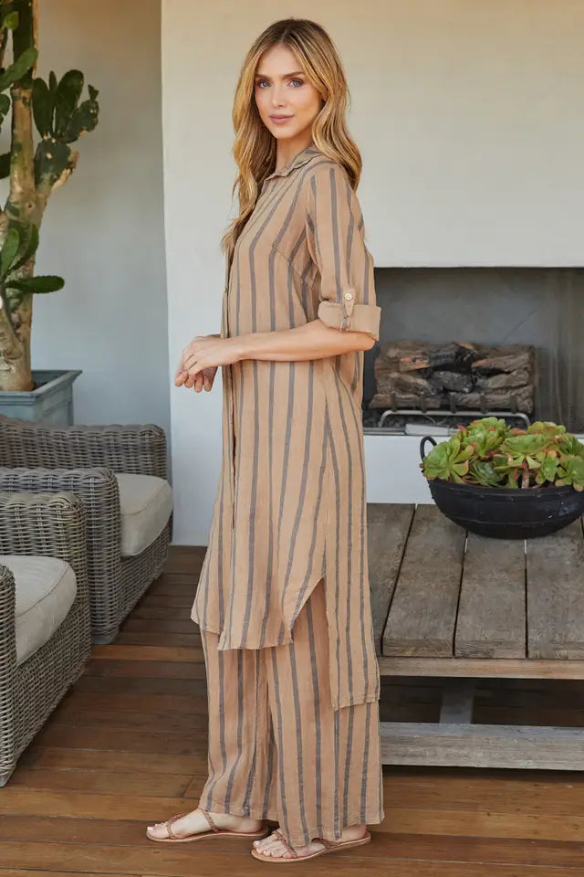 Linen Short Sleeve Striped Button-Down Dress