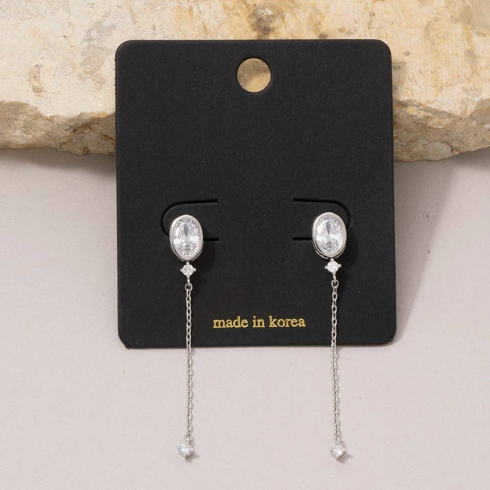 Fame Accessories - Oval Cz Bezel Stud With Long Chain Tassel Drop Earrings