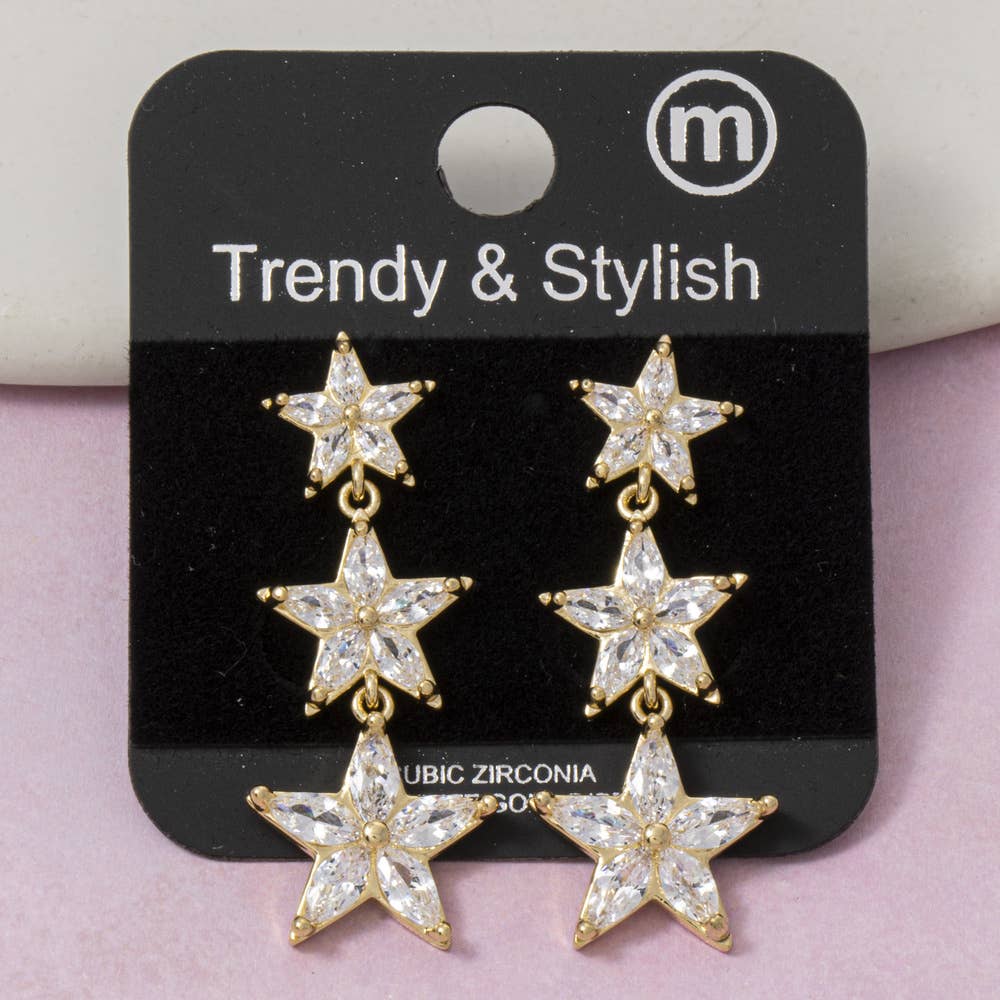 Fame Accessories - Triple Star Cz Drop Earrings
