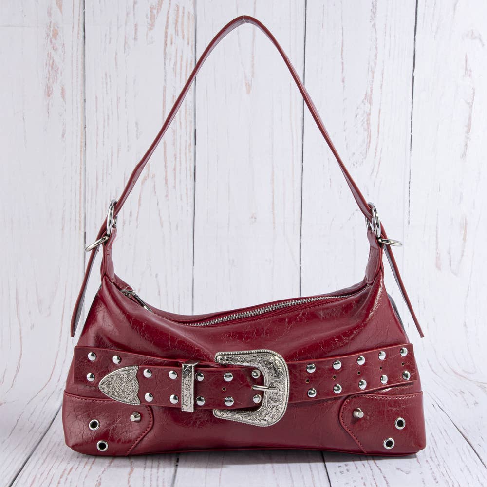 Collections by Fame Accessories - Studded Western Buckle Vegan Leather Shoulder Bag