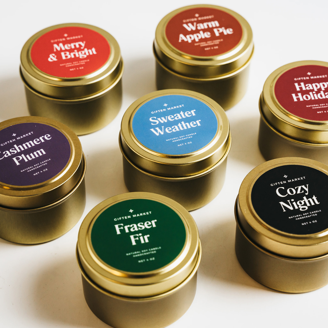 Giften Market - Fraser Fir Soy Candle - 4 oz Gold Travel Tin - Holiday Scent