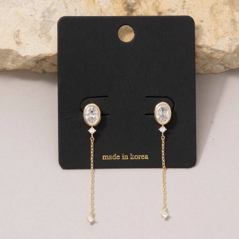 Fame Accessories - Oval Cz Bezel Stud With Long Chain Tassel Drop Earrings