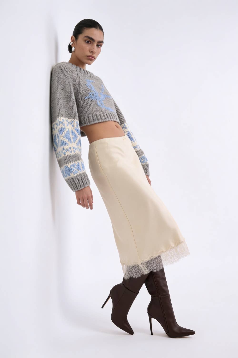 Beulah Style - Intarsia Knit Open-Back Cropped Sweater