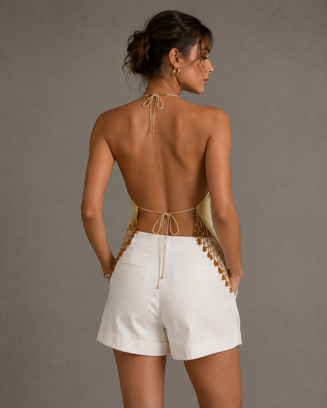 Aris A - Silk Beaded Floral Halter Top with Fringe