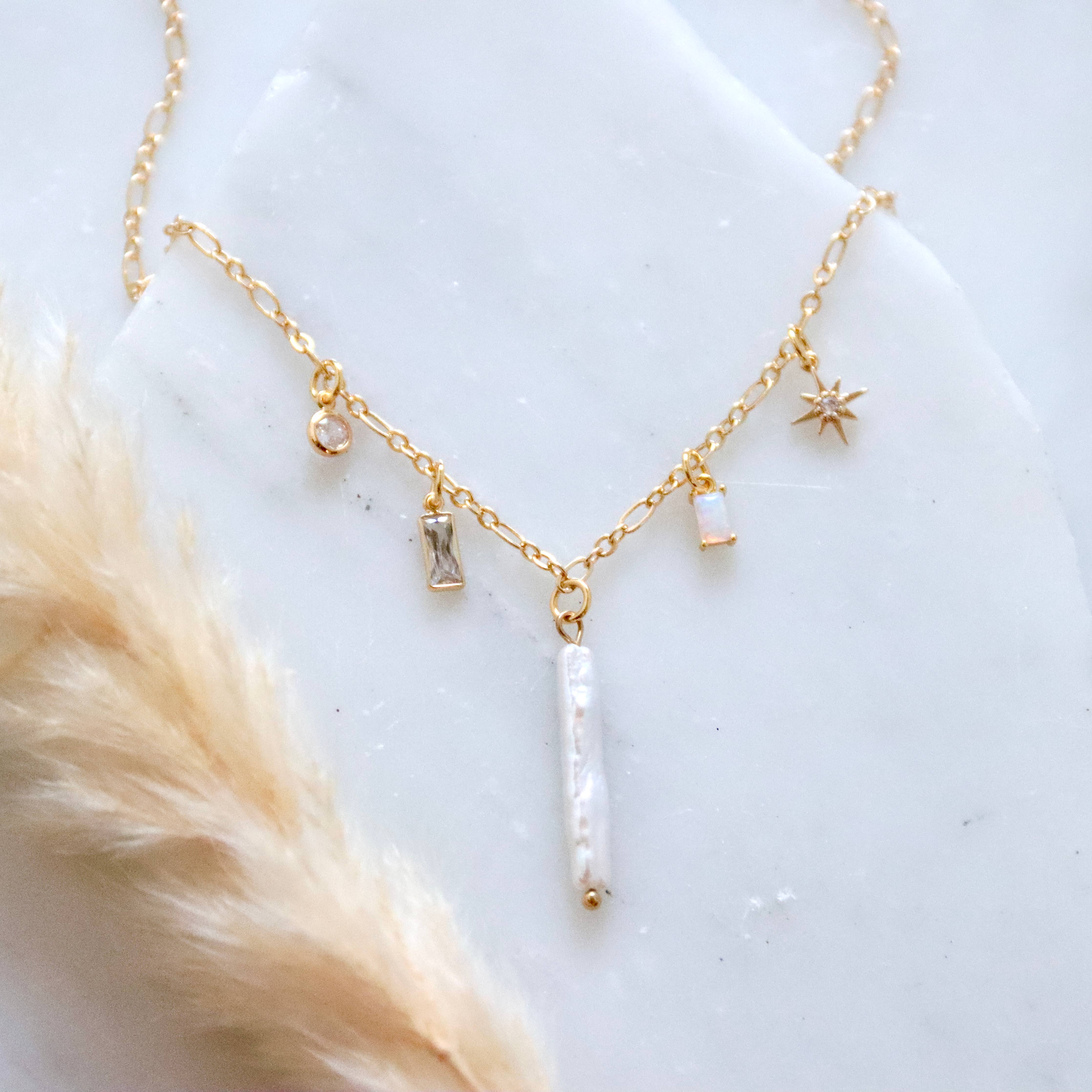 Mesa Blue - Pearl, Opal, CZ Charm Necklace 