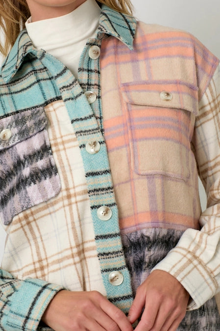 Mixed Plaid Color Block Shacket