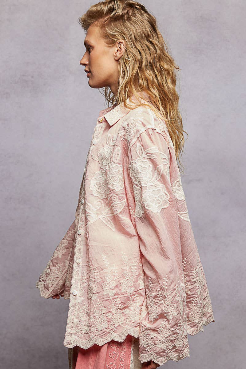 Pol Clothing - Long Sleeve Embroidered Scalloped Edge Shirt Top