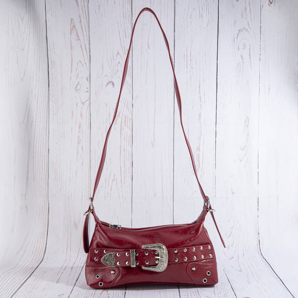 Collections by Fame Accessories - Studded Western Buckle Vegan Leather Shoulder Bag