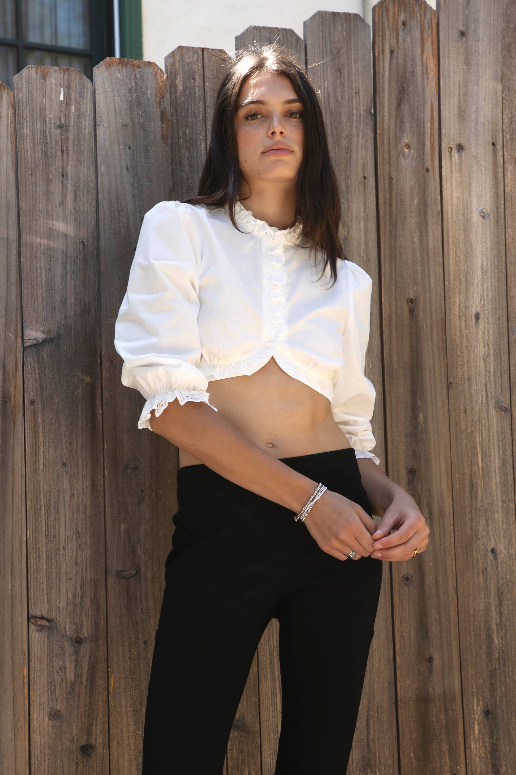 TICTOC - MAIZY Eyelet Trim Cropped Three Quarter Sleeve Poplin Blouse
