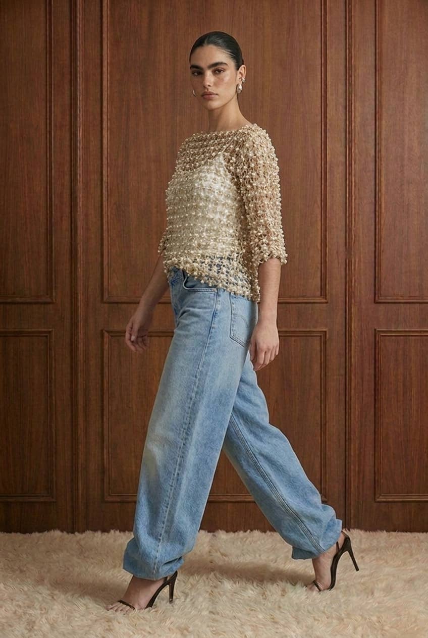 Beulah Style - Floral Guipure Pearl-Embellished Overlay Top