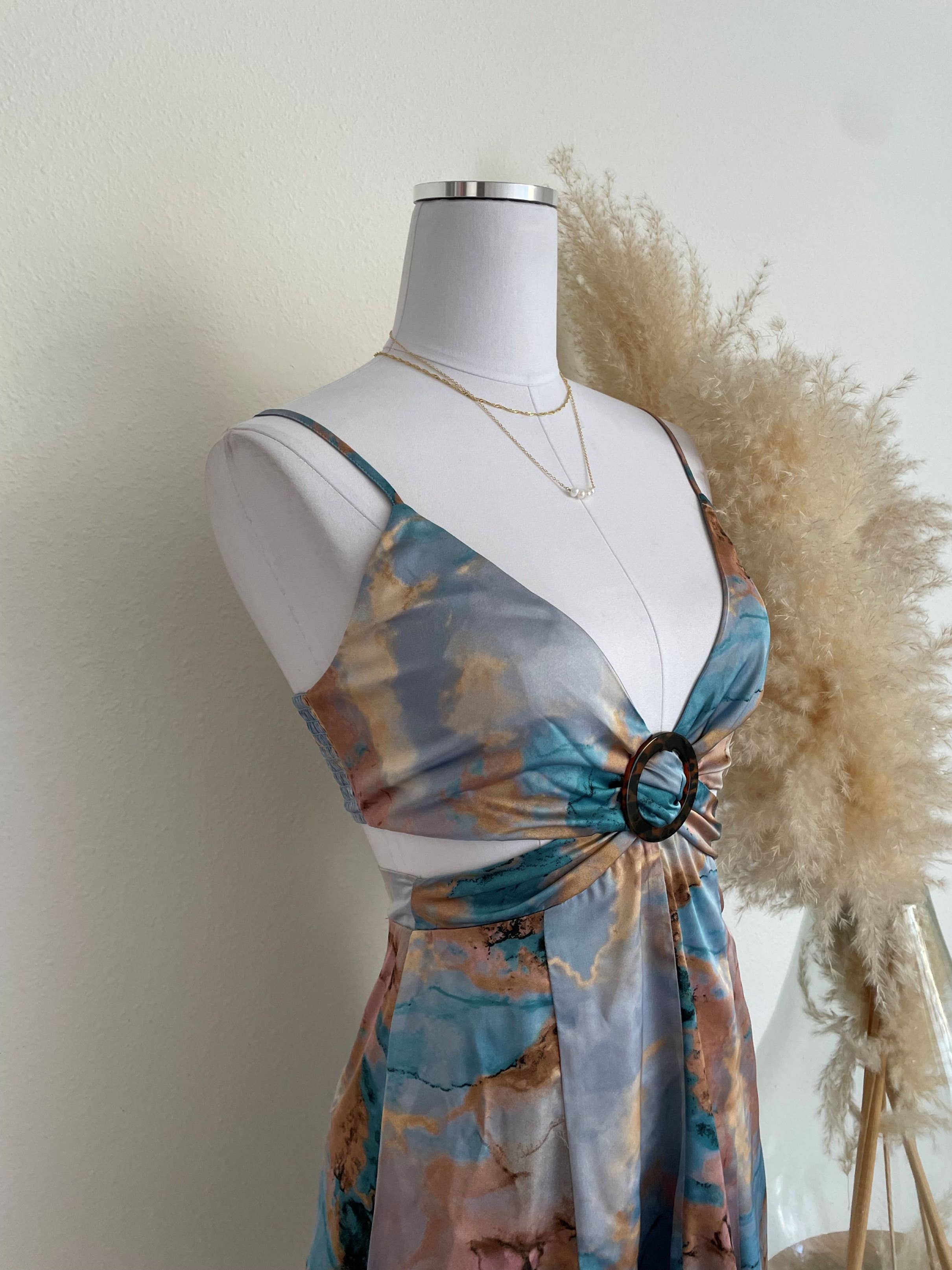 ACOA COLLECTION - BLUE MULTI CUTOUT GODET MINI DRESS