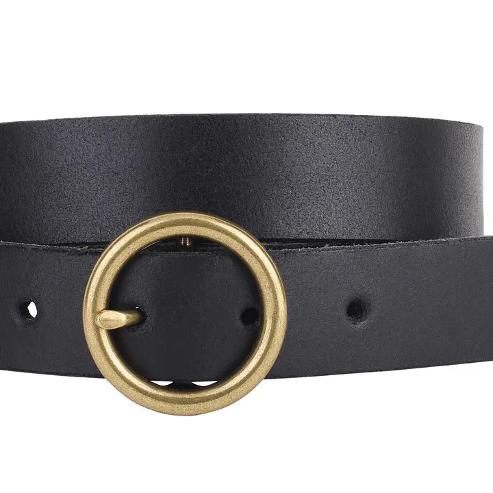 Skinny Brass-Toned Circle Buckle Leather Belt