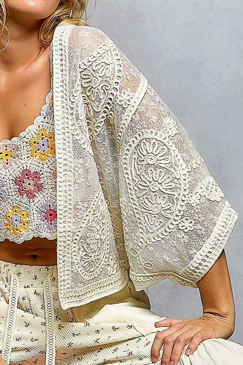 Pol Clothing - Floral Embroidery Crochet Half Batwing Sleeve Cardigan