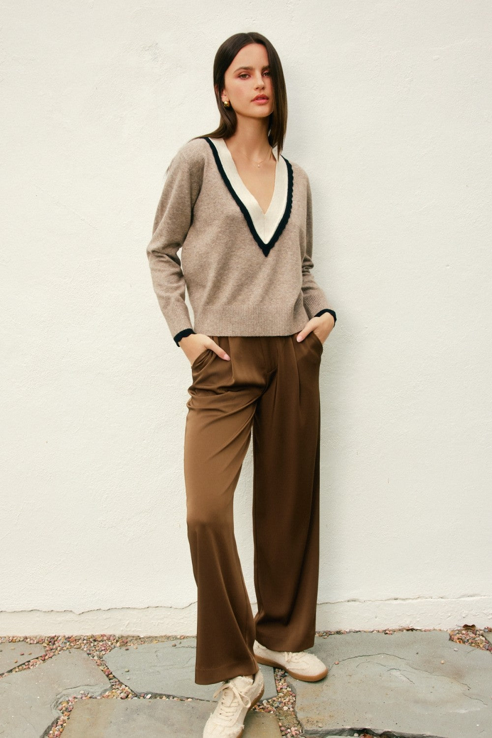 Varsity Contrast Deep V Neck Sweater