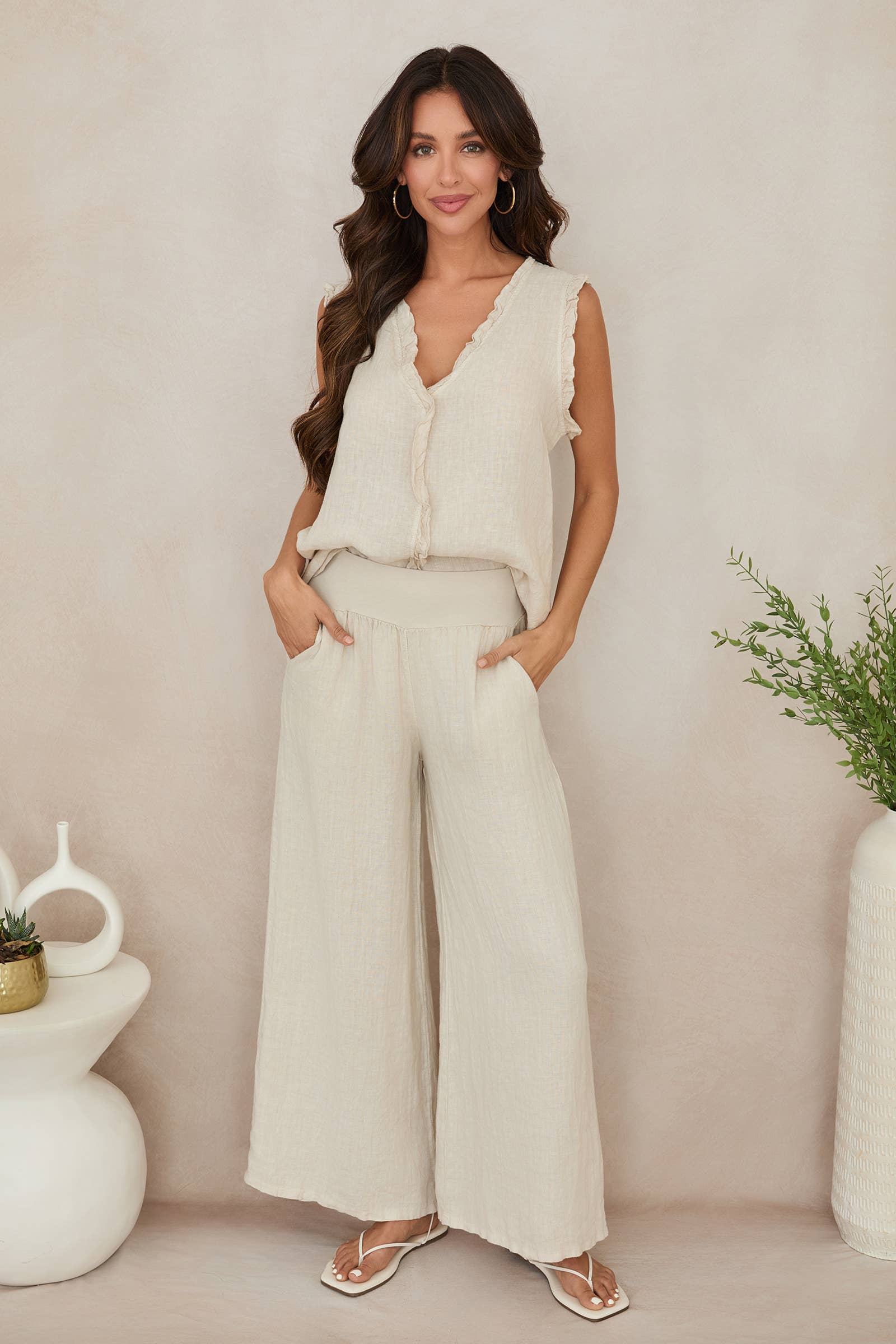 MILIO MILANO - WAISTBAND WIDE LEG LINEN PANTS WITH POCKET