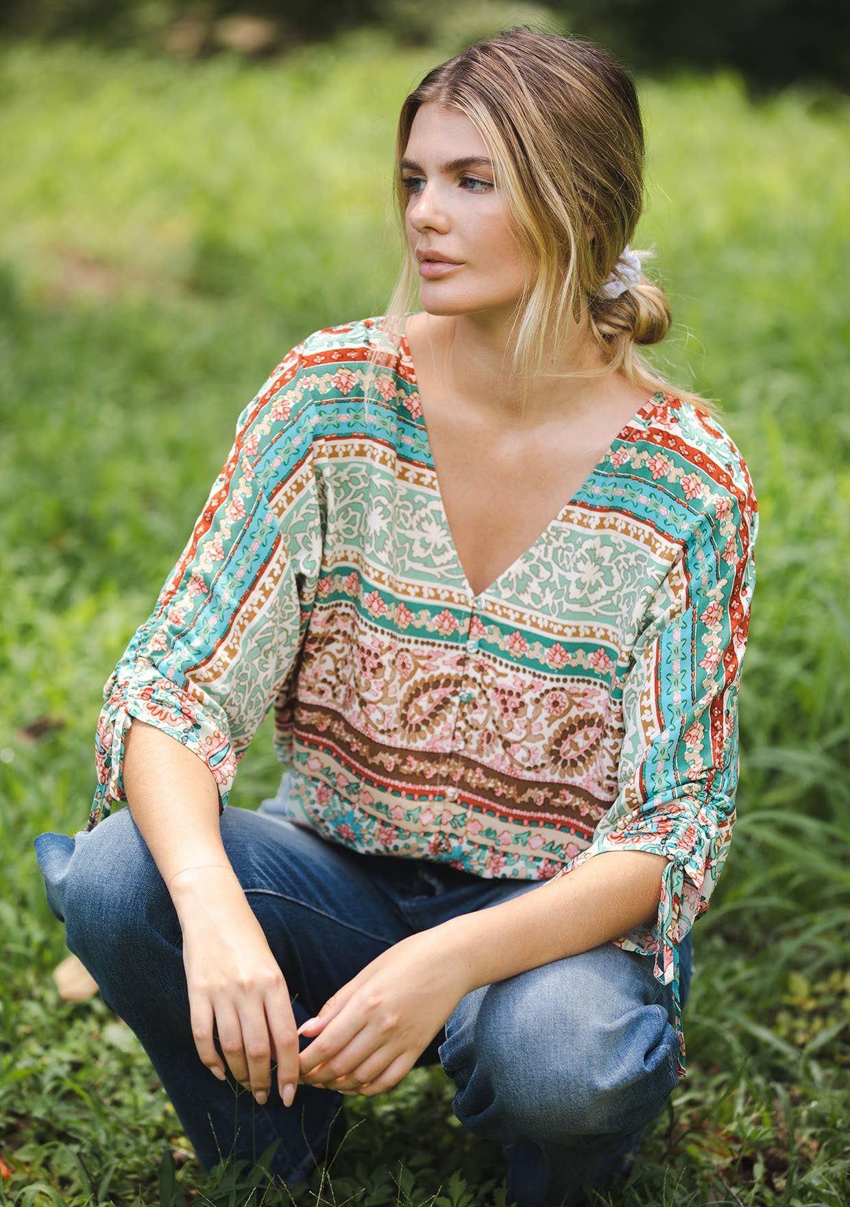 Lovestitch - Striped Paisley V-Neck Blouse