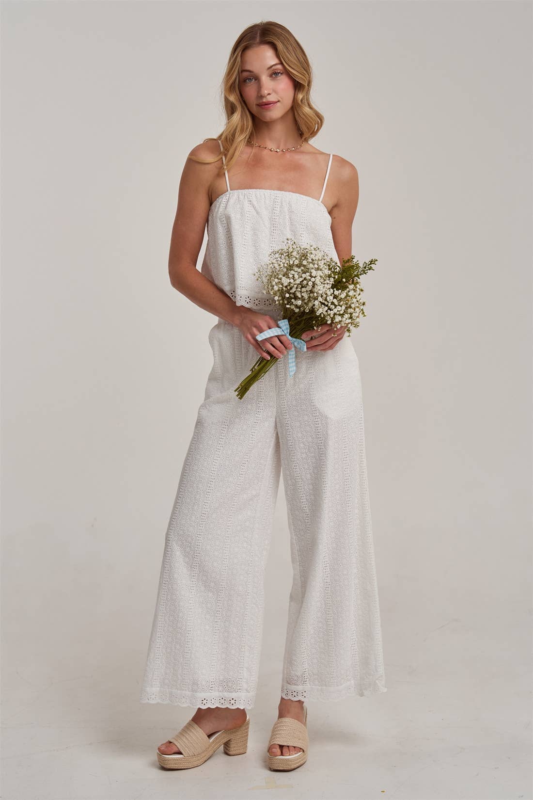 BON - EYELET LACE CROPPED CAMI TOP AND WIDE LEG PANTS SUMMER SET