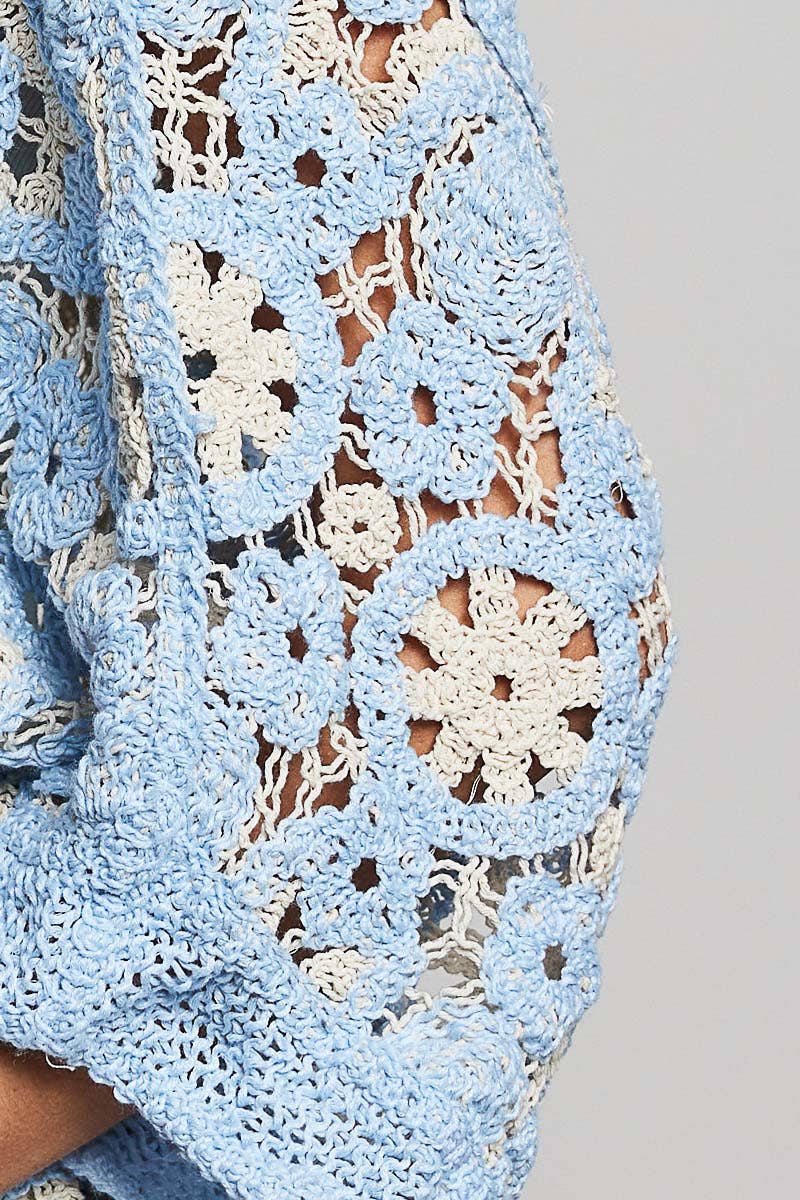 Pol Clothing - V-Neck Button Down Crochet Batwing Sleeve Cardigan Top