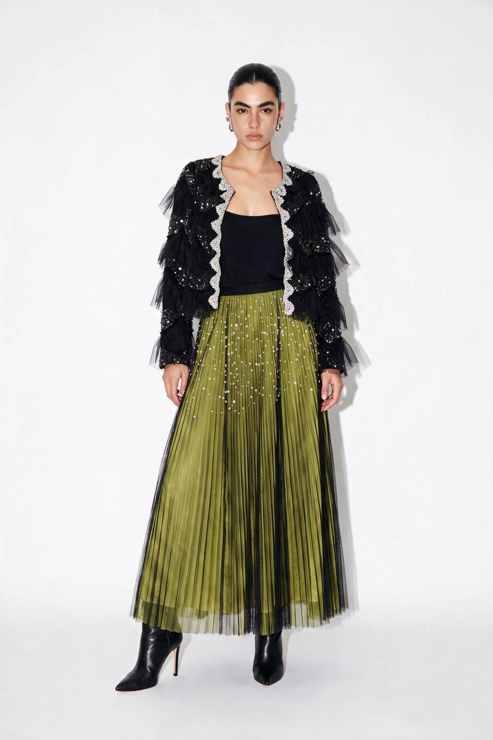 Beulah Style - Embellished Tiered Ruffle Mesh Jacket