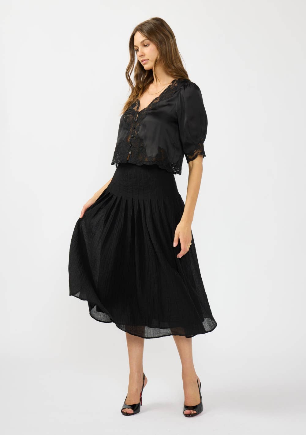 Lovestitch - V-Neck Button Front Blouse with Lace Trim