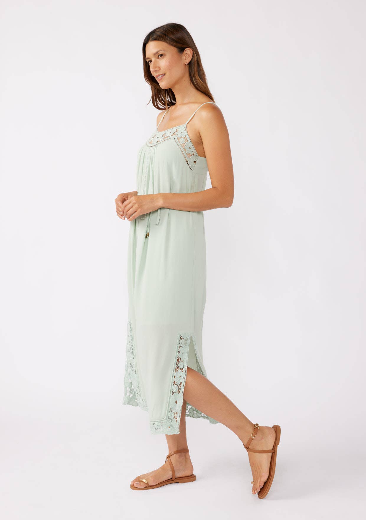 Lovestitch - Floral Trim Spaghetti Midi Dress