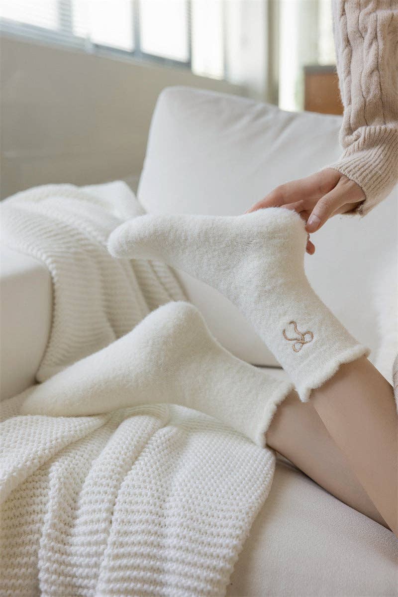 Dipped Shop - Winter Plush Solid Color Bow Embroidery Crew Socks