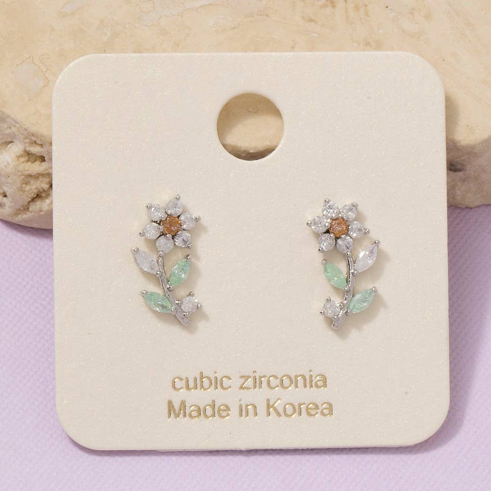 Fame Accessories - Gold Dipped Cz Flower Stud Earrings
