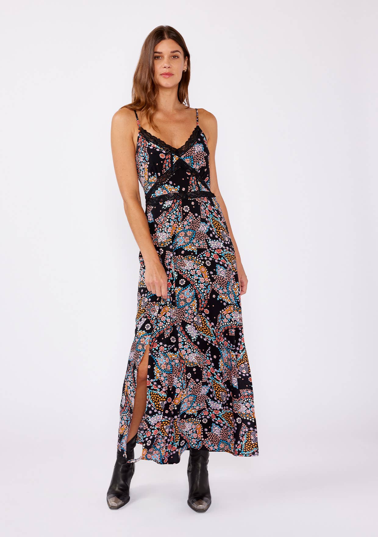 Lovestitch - Floral Spaghetti Strap Lace Trim Maxi Dress