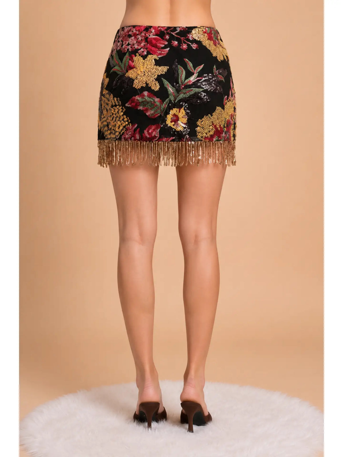 Floral Sequin Fringe Mini Skirt